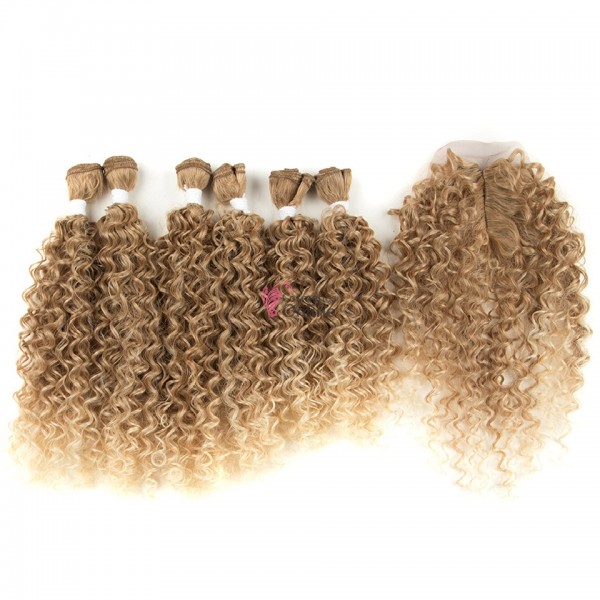 Extensii de par Afro Hair Weave Kinky Curly cu Closure de 40 cm Ombre Blond Inchis cu Blond Deschis Cod 50129306